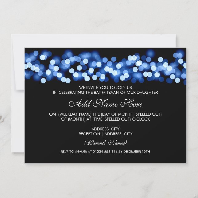 Invitación Bat Mitzvah Blue Hollywood Glam (Anverso)