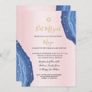 Invitación Bat Mitzvah Blue Pink Gold Jewish