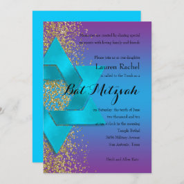 Invitación Bat Mitzvah Blue Purple Ombre Faux Gold Purpurina