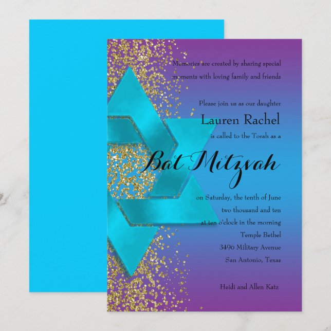 Invitación Bat Mitzvah Blue Purple Ombre Faux Gold Purpurina (Anverso / Reverso)
