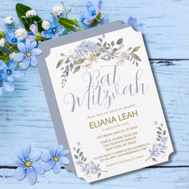 Invitación Bat Mitzvah Blue Watercolor Floral (Pretty Blue Floral Bat Mitzvah Invitation)