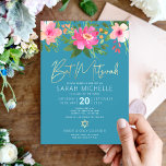 Invitación Bat Mitzvah Blue Watercolor Floral Gold Script<br><div class="desc">Estar orgulloso, regocijarse y mostrar este hito de su Bat Mitzvah favorito con esta sofisticada y personalizada invitación! Una acuarela floral de moda, impresionante, rosa y melocotón, con una tipografía de Relieve metalizado dorado falso y serif blanco moderno, superponen un polvoriento fondo azul turquesa verde azulado. Personalice el texto del...</div>