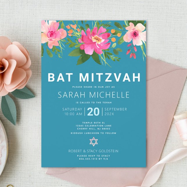 Invitación Bat Mitzvah Blue Watercolor Floral Moderno Simple (Subido por el creador)