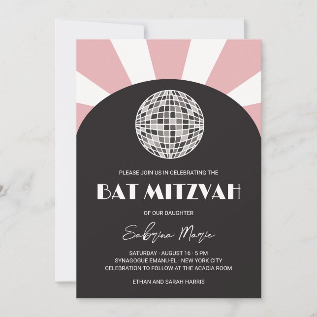 Invitación Bat Mitzvah bola disco rosa negro retro Groovy (Anverso)