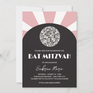 Invitación Bat Mitzvah bola disco rosa negro retro Groovy