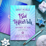 Invitación Bat Mitzvah Bold Retro Boho Blue Purple Gradiente<br><div class="desc">Estar orgulloso, regocijarse y mostrar este hito de su Bat Mitzvah favorito con esta divertido boho retro, invitación personalizada! Tipografía divertida, de moda, audaz morada y azul marino con la tipografía moderna sans serif superpone un fondo de rayos pop turquesa y morado gradiente con puntos blancos. En la parte trasera,...</div>
