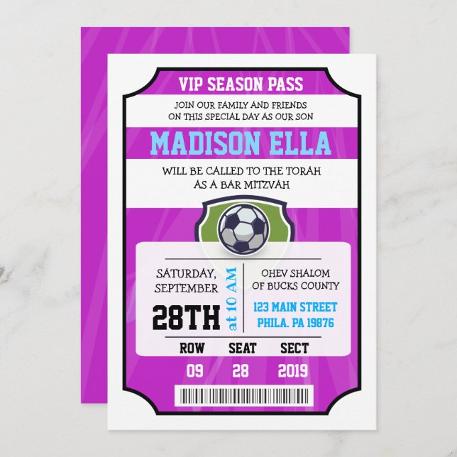 INVITACIÓN Bat Mitzvah BOLETOS VIP DE FÚTBOL (Anverso / Reverso)