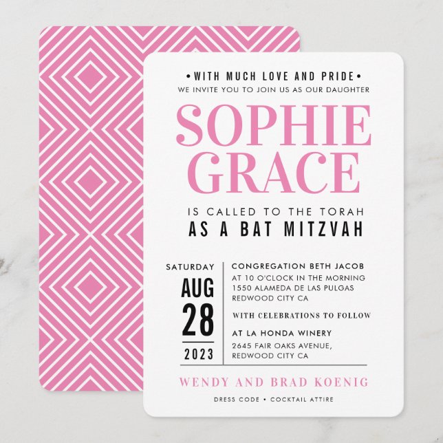 Invitación BAT MITZVAH bonito de pila geométrica moderno rosa (Anverso / Reverso)
