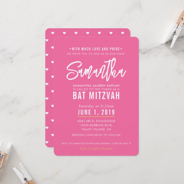 Invitación BAT MITZVAH bonito moderno escritura blanca rosa o (Anverso/Reverso In Situ)