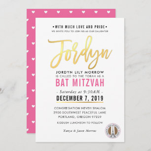 Invitación BAT MITZVAH bonito rosado guión dorado JORDYN