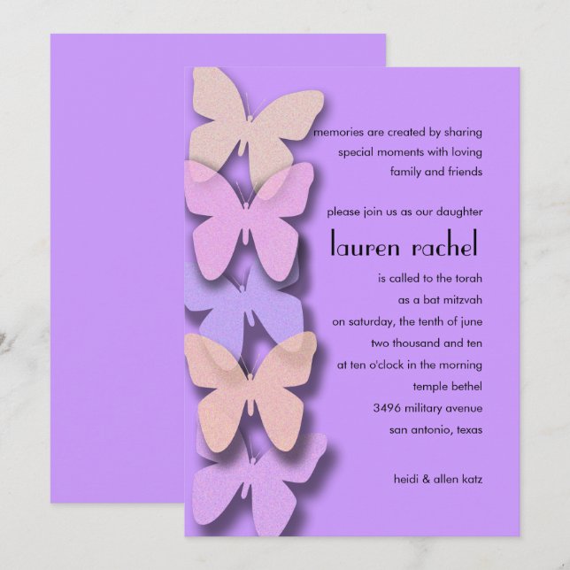 Invitación Bat Mitzvah Borde de mariposa dimensional Purple (Anverso / Reverso)