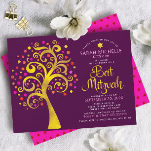 Invitación Bat Mitzvah Borgoña Hoja de Oro Escritura Árbol de