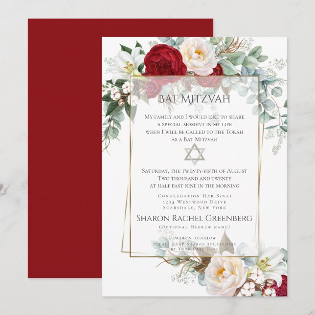 Invitación BAT MITZVAH | Borgoña Peony Verse 1 (Anverso / Reverso)