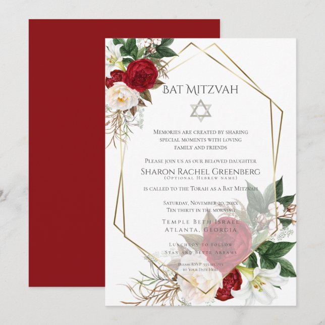 Invitación BAT MITZVAH | Borgoña Peony Verse 3 (Anverso / Reverso)