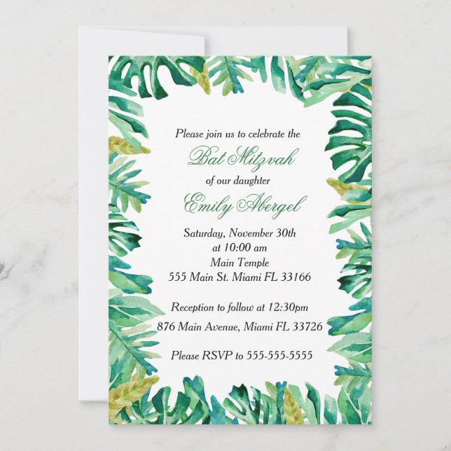 Invitación Bat Mitzvah Botánico Tropical (Anverso)
