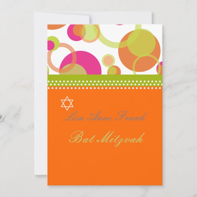 Invitación Bat Mitzvah + Burbujas Mod/naranja/rosa intenso (Anverso)
