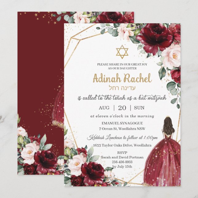 Invitación Bat Mitzvah Burgundy Rubor Floral Gold Princess (Anverso / Reverso)