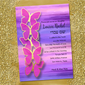 Invitación Bat Mitzvah Butterfly color de agua morado rosado