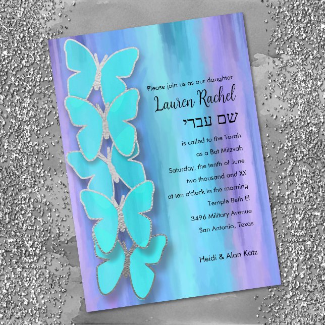 Invitación Bat Mitzvah Butterfly Turquoise Purple Watercolor (Subido por el creador)