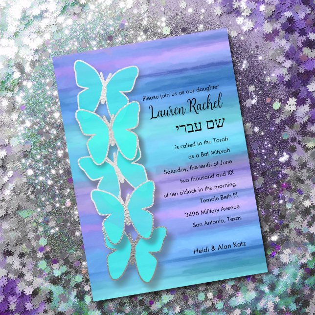 Invitación Bat Mitzvah Butterfly Turquoise Purple Watercolor (Subido por el creador)