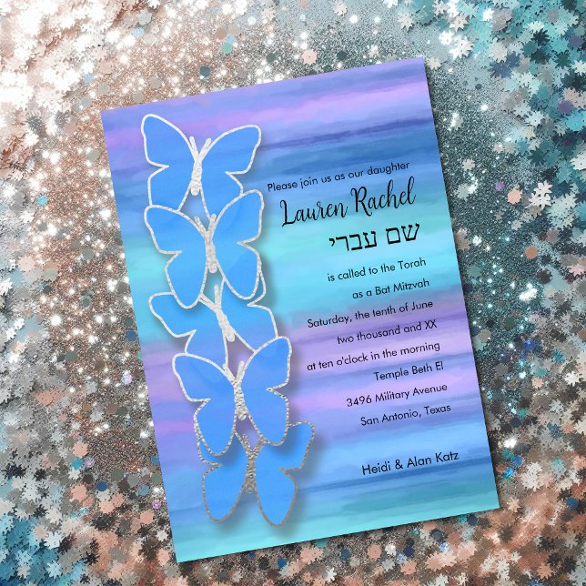 Invitación Bat Mitzvah Butterfly Turquoise Purple Watercolor (Subido por el creador)