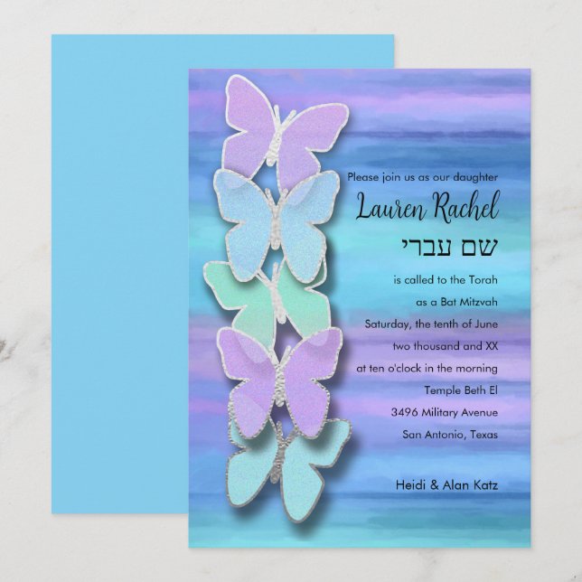 Invitación Bat Mitzvah Butterfly Turquoise Purple Watercolor (Anverso / Reverso)