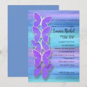 Invitación Bat Mitzvah Butterfly Turquoise Purple Watercolor