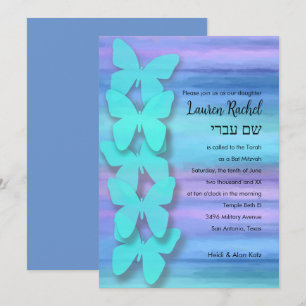 Invitación Bat Mitzvah Butterfly Turquoise Purple Watercolor