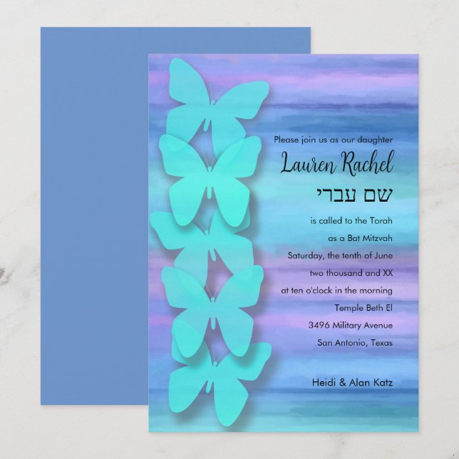 Invitación Bat Mitzvah Butterfly Turquoise Purple Watercolor (Anverso / Reverso)
