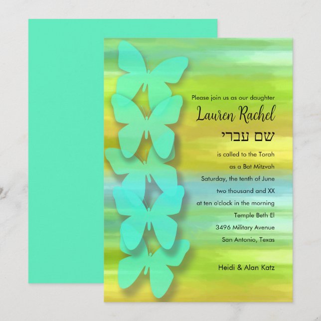 Invitación Bat Mitzvah Butterfly Watercolor azul verde amaril (Anverso / Reverso)