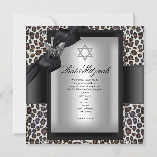 Invitación Bat Mitzvah Cheetah Black Butfly (Anverso)