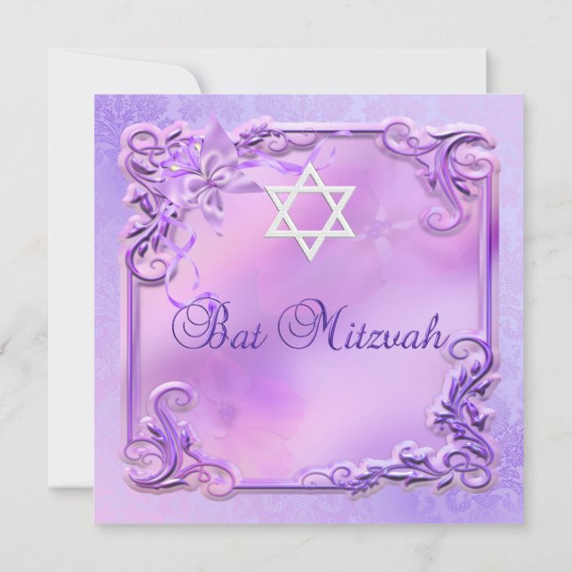 Invitación Bat Mitzvah Chica Bonito Morado Floral Rosa (Reverso)