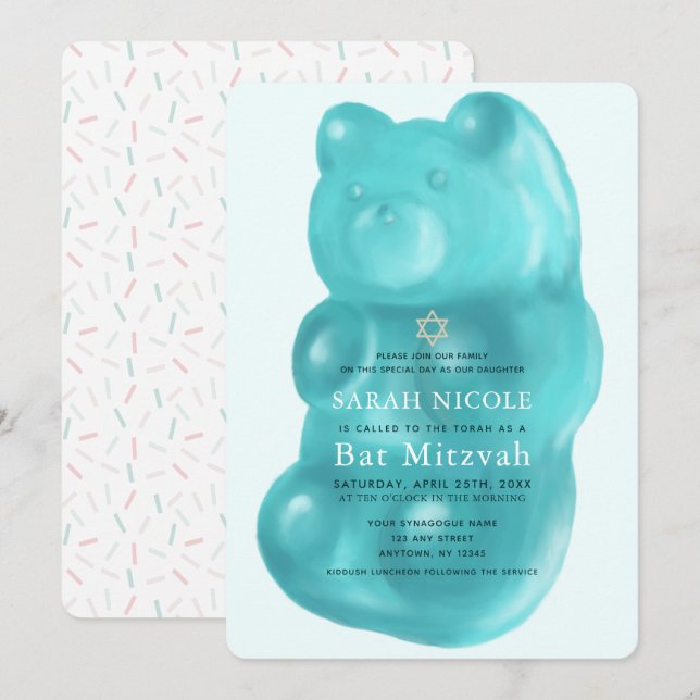 Invitación Bat Mitzvah Chica del oso azul (Anverso / Reverso)