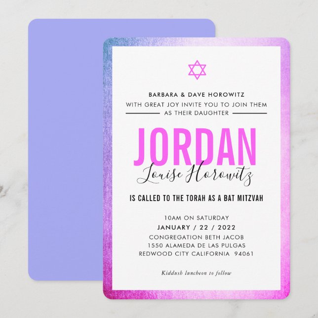 Invitación BAT MITZVAH chica estrella moderna glam púrpura ro (Anverso / Reverso)