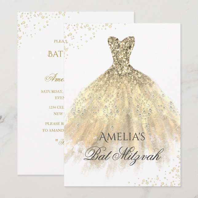 Invitación Bat Mitzvah, Chicas de espuma de vestir de oro (Anverso / Reverso)