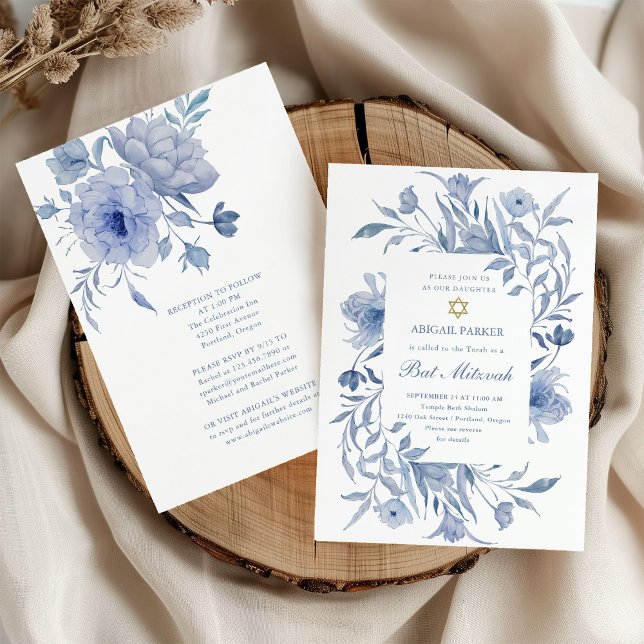 Invitación Bat Mitzvah | Chinoiserie floral azul y blanco (Subido por el creador)