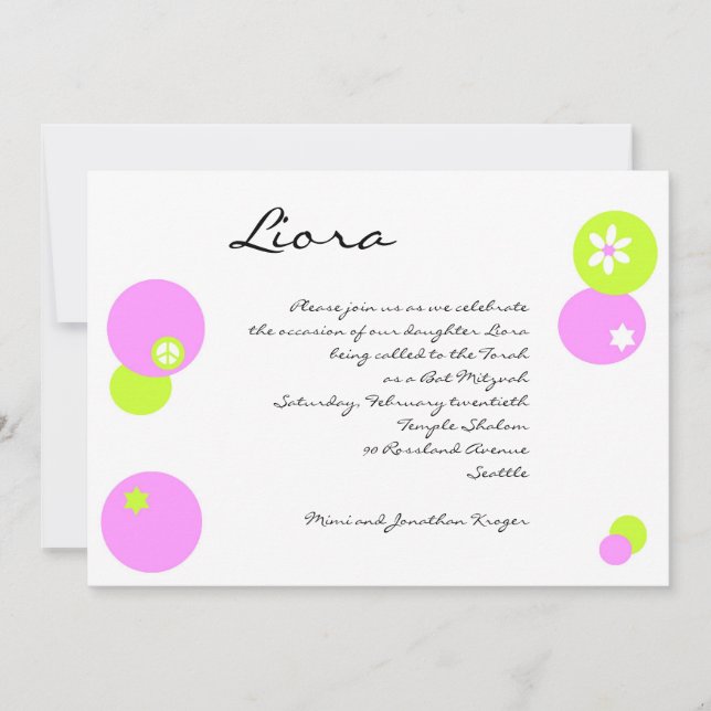 Invitación Bat Mitzvah CIrcles Pink Green (Anverso)