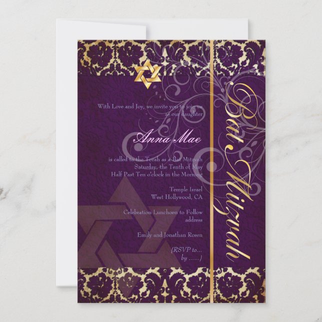 Invitación Bat Mitzvah/ciruela/oro (Anverso)
