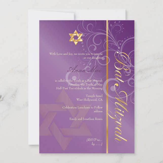 Invitación Bat Mitzvah/ciruela/oro (Anverso)