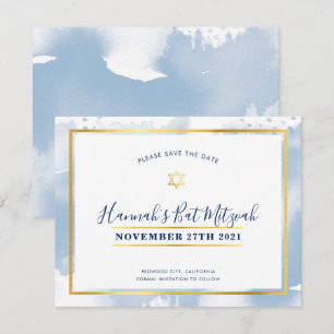 Invitación BAT MITZVAH color de agua azul dorado guardar la f
