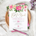 Invitación Bat Mitzvah color de agua rosa Floral dorado guión<br><div class="desc">Estar orgulloso, regocijarse y mostrar este hito de su Bat Mitzvah favorito con esta sofisticada y personalizada invitación! Una acuarela floral de moda, impresionante, rosa y melocotón con una tipografía de Relieve metalizado dorado falsa y un tipo serif moderno de rosa polvoriento y sans grises sobre un fondo blanco. Flores...</div>