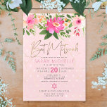 Invitación Bat Mitzvah color de agua rosa Floral escritura mo<br><div class="desc">Estar orgulloso, regocijarse y mostrar este hito de su Bat Mitzvah favorito con esta sofisticada y personalizada invitación! Una acuarela floral de moda, impresionante, rosa y melocotón, con una tipografía de Relieve metalizado dorado falso y un tipo serif moderno de rosa polvoriento y sans grises, superponen un suave fondo rosado...</div>