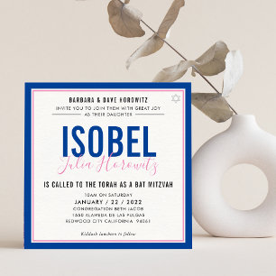 Invitación BAT MITZVAH color minimalista moderno azul rosa