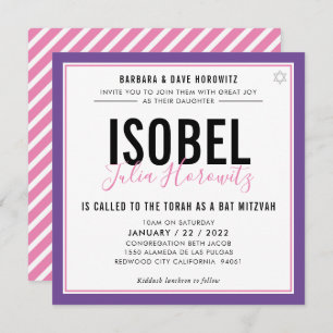 Invitación BAT MITZVAH color minimalista moderno púrpura rosa