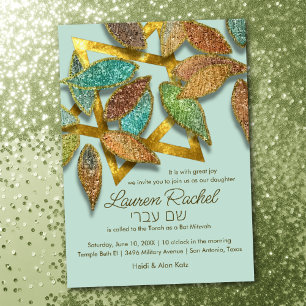 Invitación Bat Mitzvah Colorful Purpurinoso Petals Aqua Brown