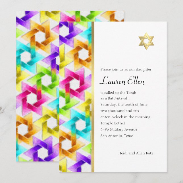 Invitación Bat Mitzvah Colorful Star Damask (Anverso / Reverso)