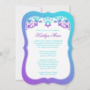 Invitación Bat Mitzvah con aguas moradas y azules Verde azula
