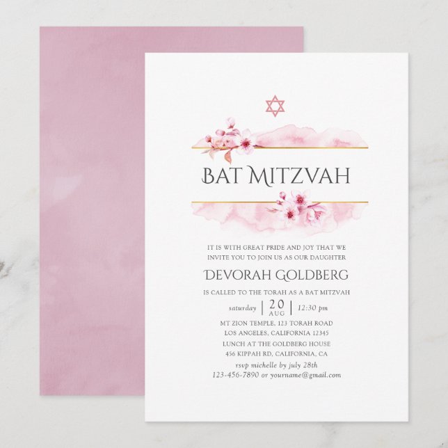 Invitación Bat Mitzvah con blossom geométrico de primavera ro (Anverso / Reverso)