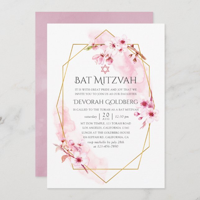 Invitación Bat Mitzvah con blossom geométrico de primavera ro (Anverso / Reverso)