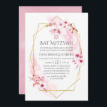 Invitación Bat Mitzvah con blossom geométrico de primavera ro<br><div class="desc">Invitación de mitzvah de murciélago floral color agua rosa con flor de sakura con personalizable de marco geométrico dorado a los detalles del evento.</div>